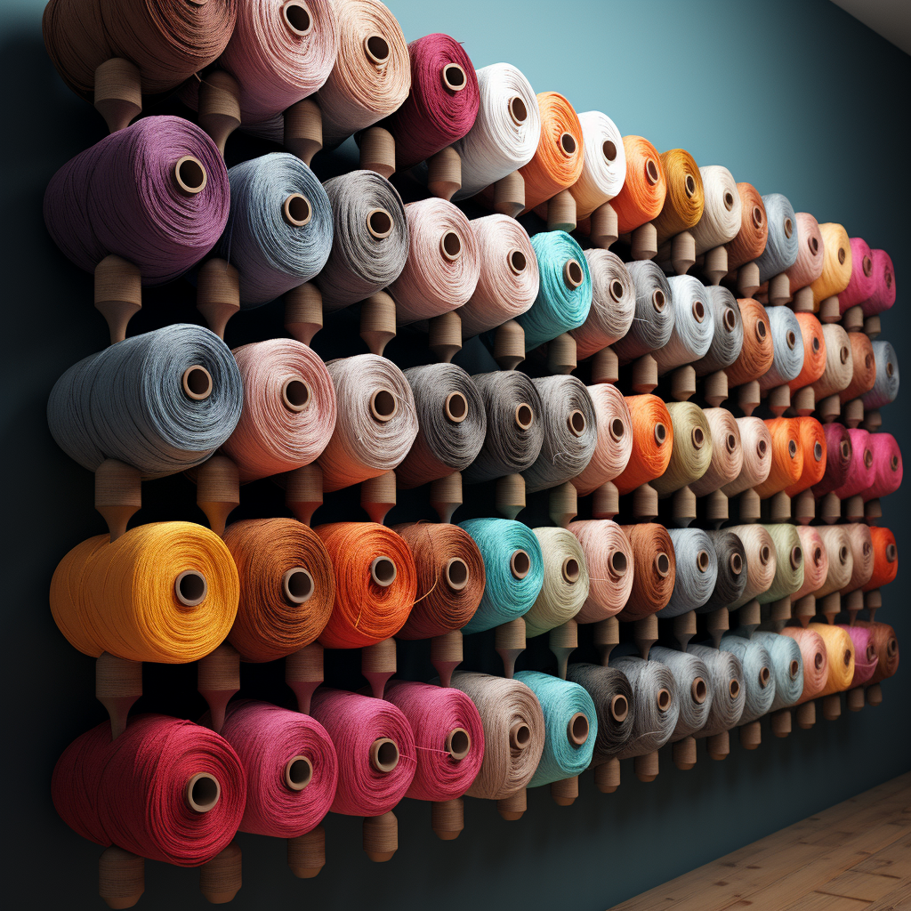 Mur couvert de bobines de laine de différentes couleurs
