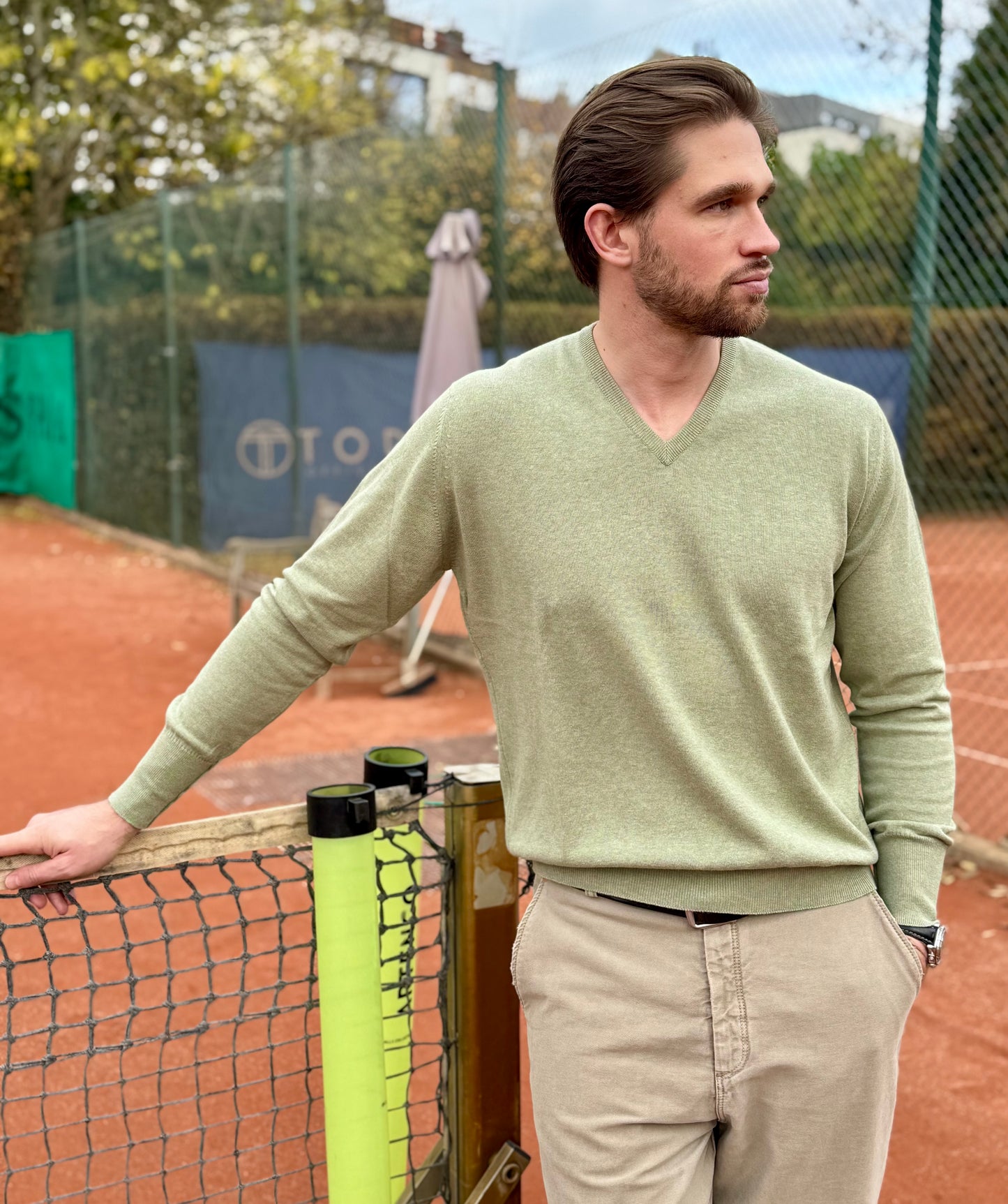 ANDREW 100% cotton men's V neck sweater in sleeves turn back cuffs