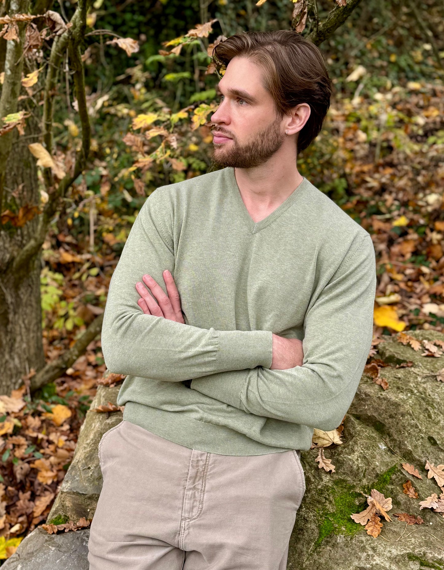 ANDREW 100% cotton men's V neck sweater in sleeves turn back cuffs