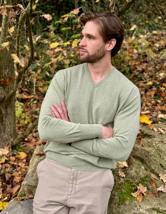 ANDREW 100% cotton men's V neck sweater in sleeves turn back cuffs