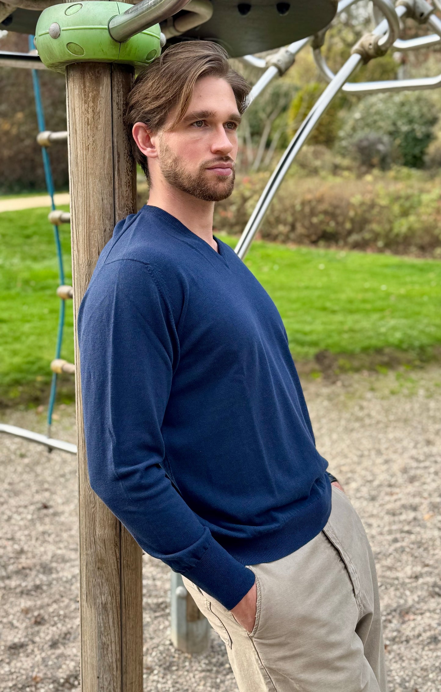 ANDREW 100% cotton men's V neck sweater in sleeves turn back cuffs