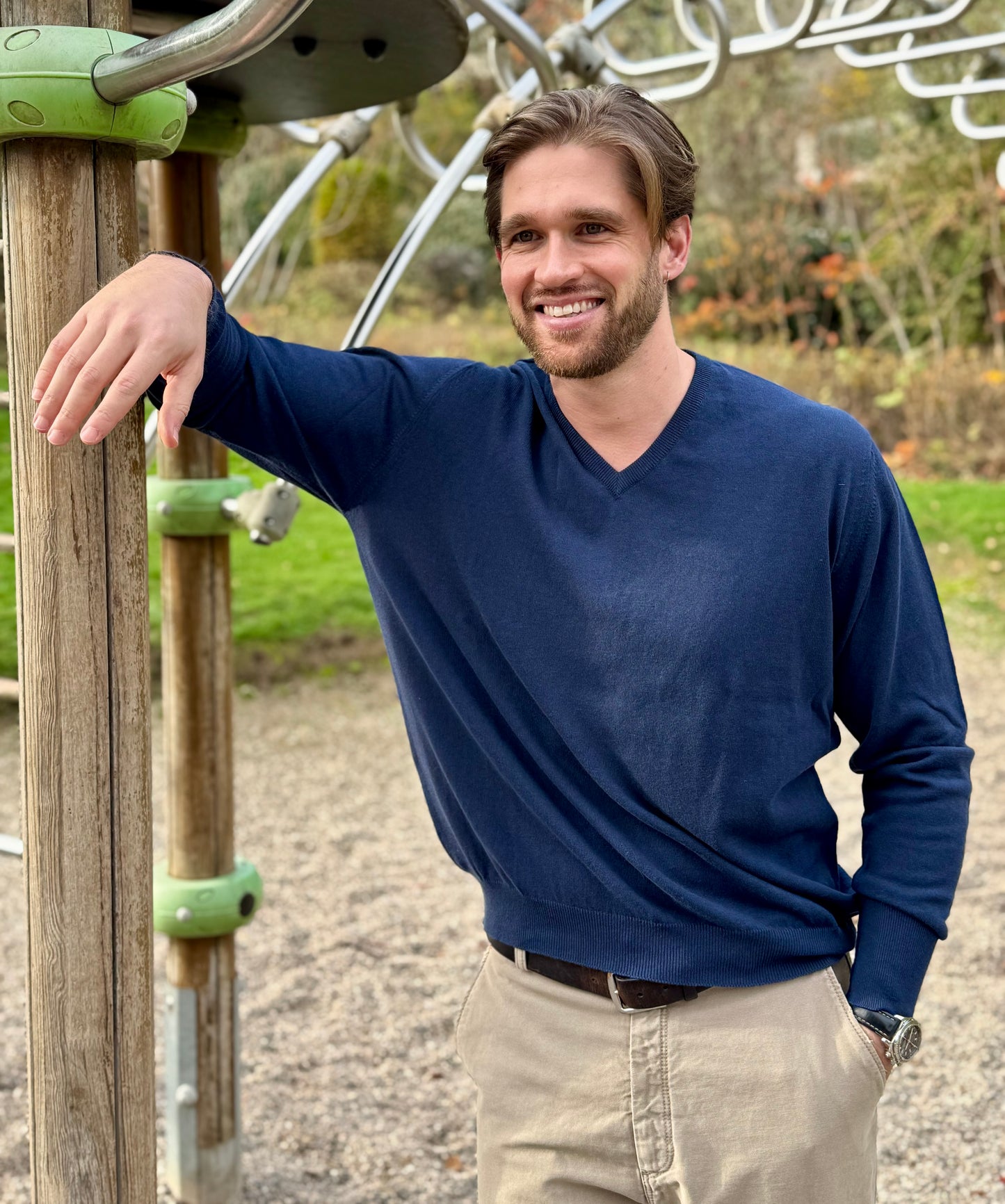 ANDREW 100% cotton men's V neck sweater in sleeves turn back cuffs